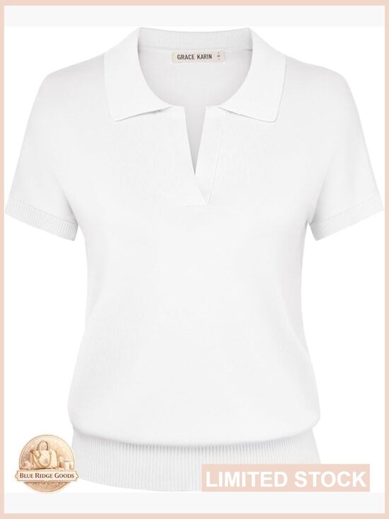 Sweaters - Short Sleeve Knit Polo Sweater V Neck Collared Pullover Business Casual Chic